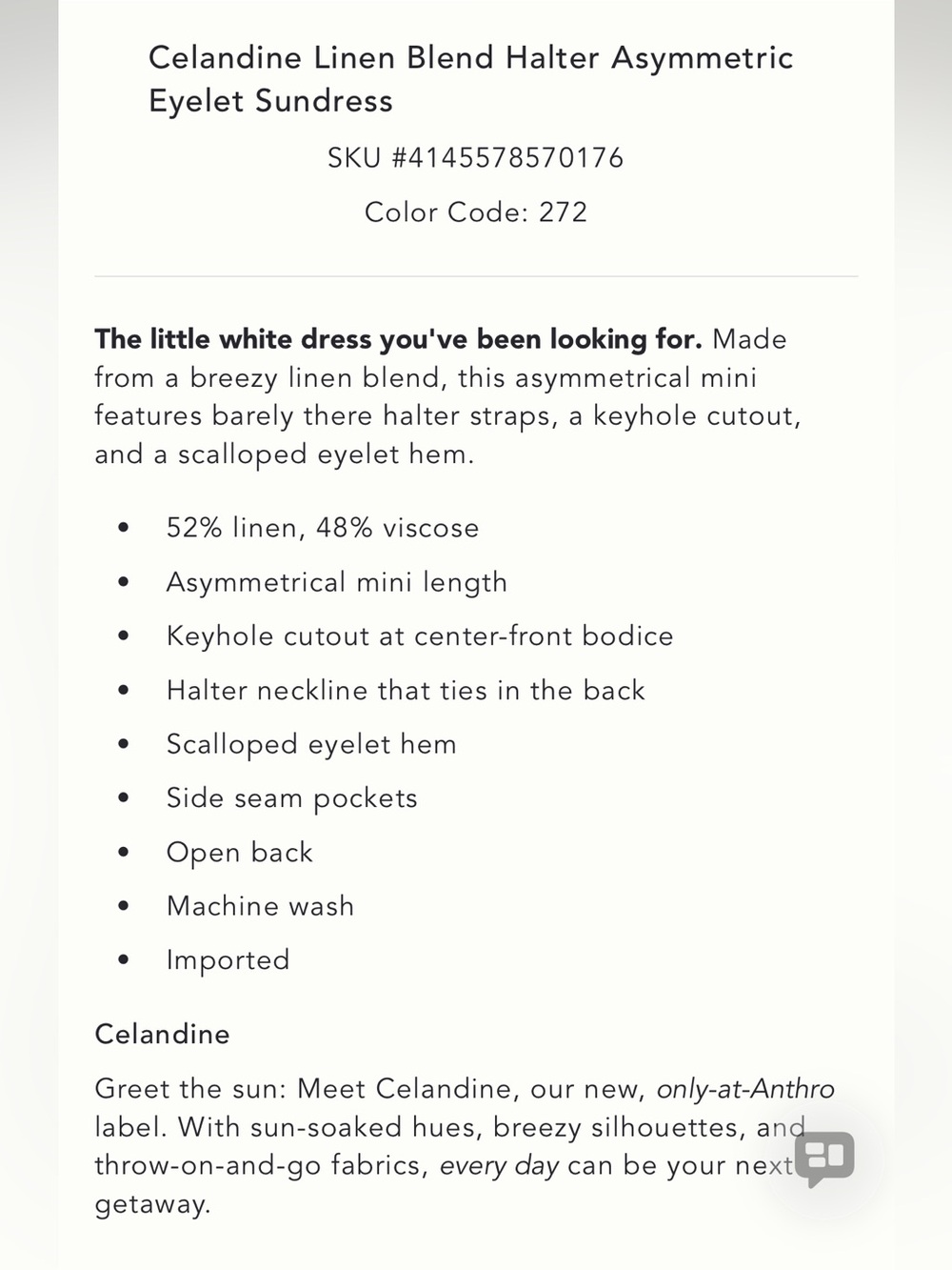 Celandine Linen Blend Halter Asymmetric Eyelet Sundress in Pineapple (M) - Picture 4 of 8